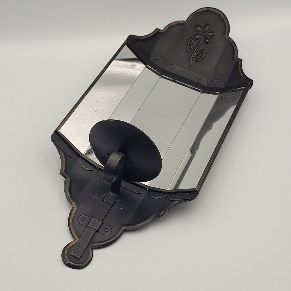 Vintage Tin Mirrored Wall Sconce Candlestick Holder Colonial Cottage Farmhouse